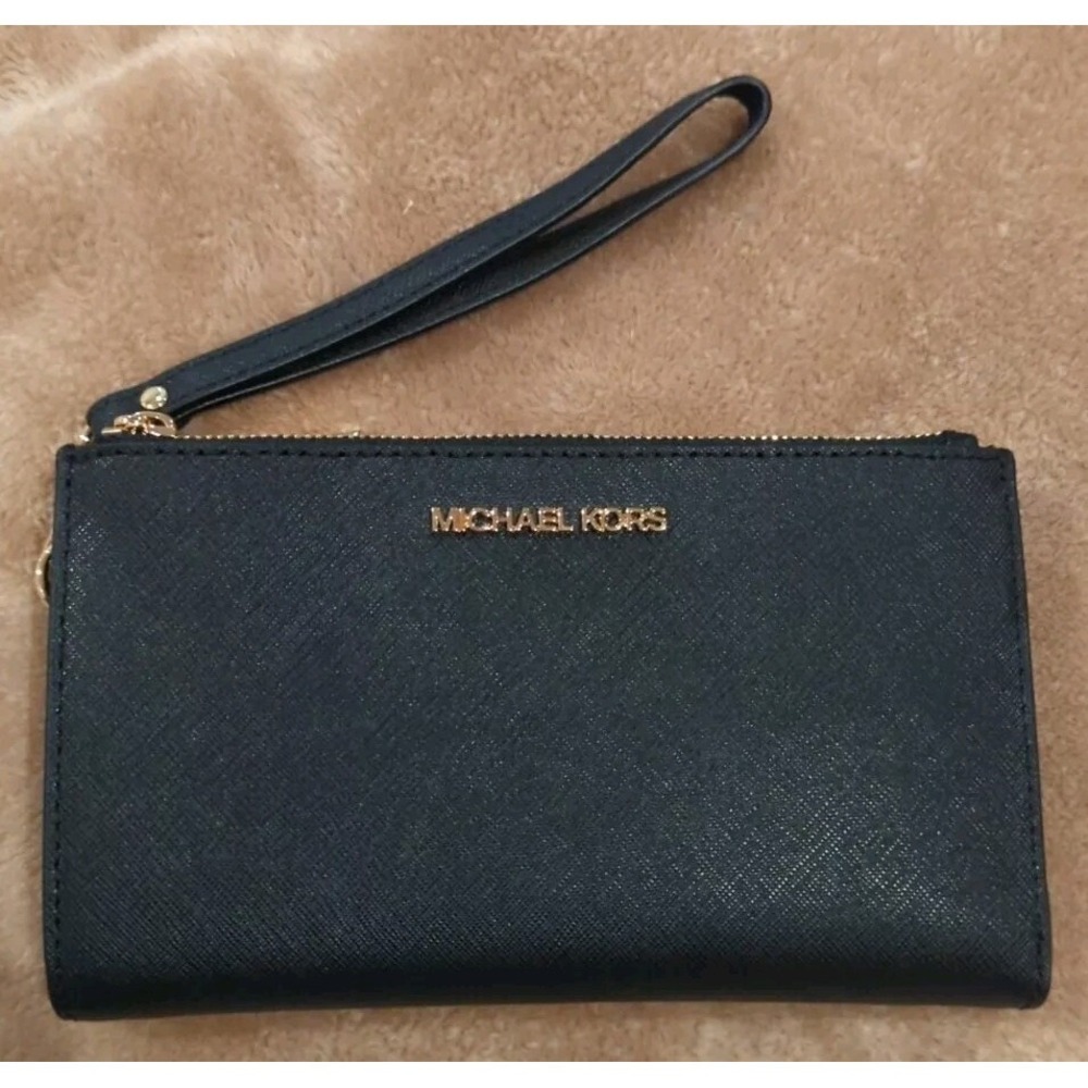 MICHAEL KORS JET SET DOUBLE ZIP WALLET PHONE CASE WRISTLET MK BLACK LEATHER GOLD